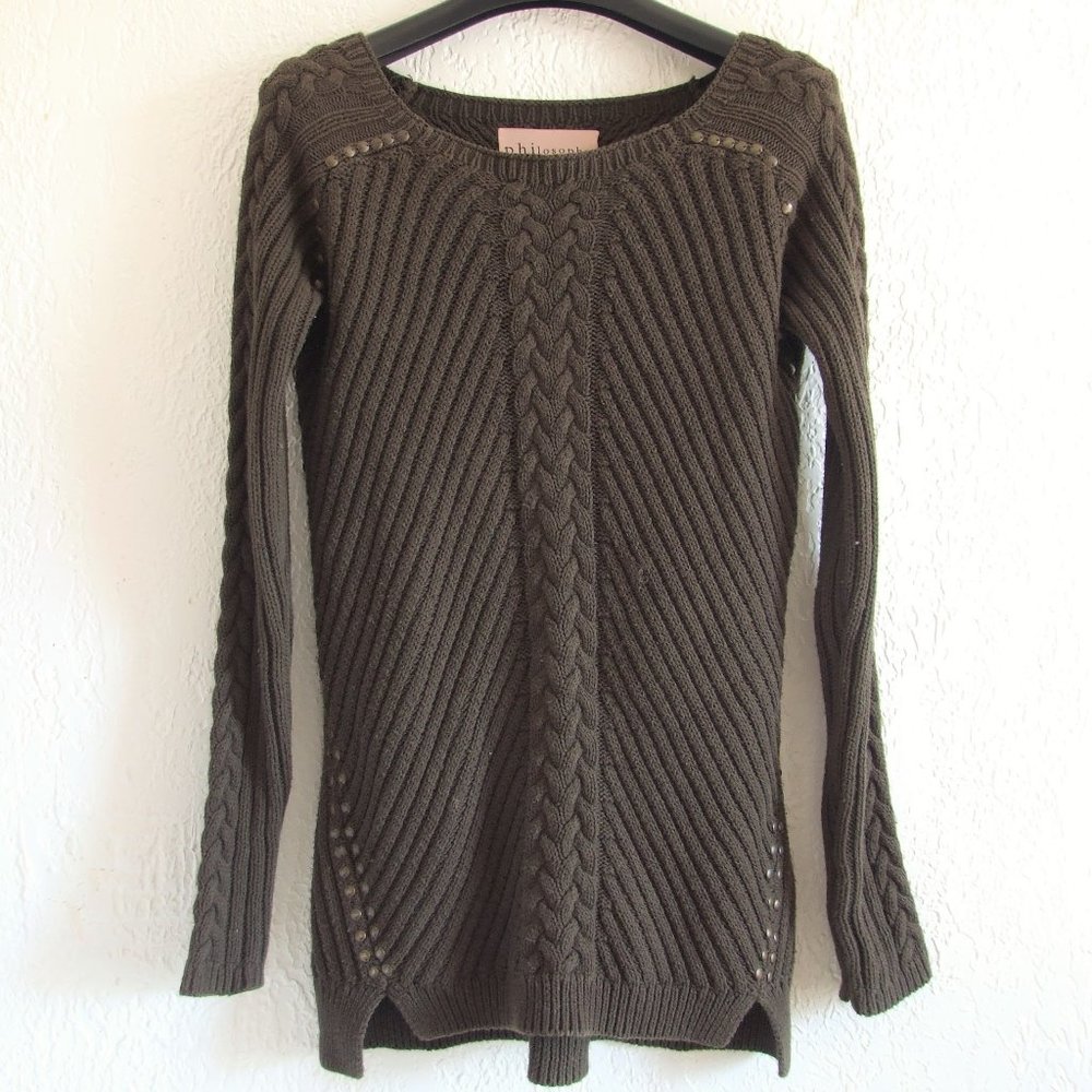 Cable Knit Stud Olive Green boat Neck Long Pullover Sweater